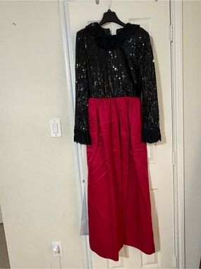 Vintage William Pearson Black Sequin Top with Red Satin Skirt Evening Dress